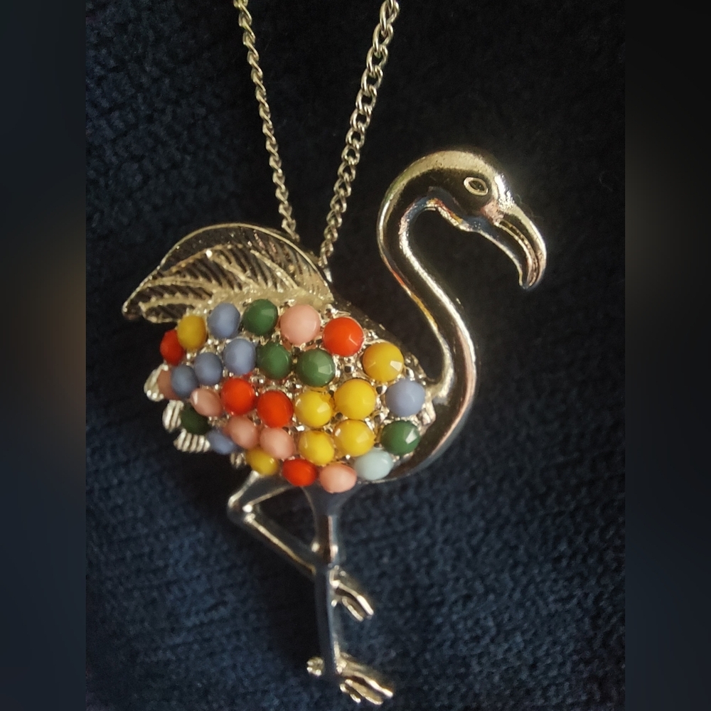 Silvertone Metal Beaded Flamingo Pendant Necklace With 32" Chain, Estate Jewelry